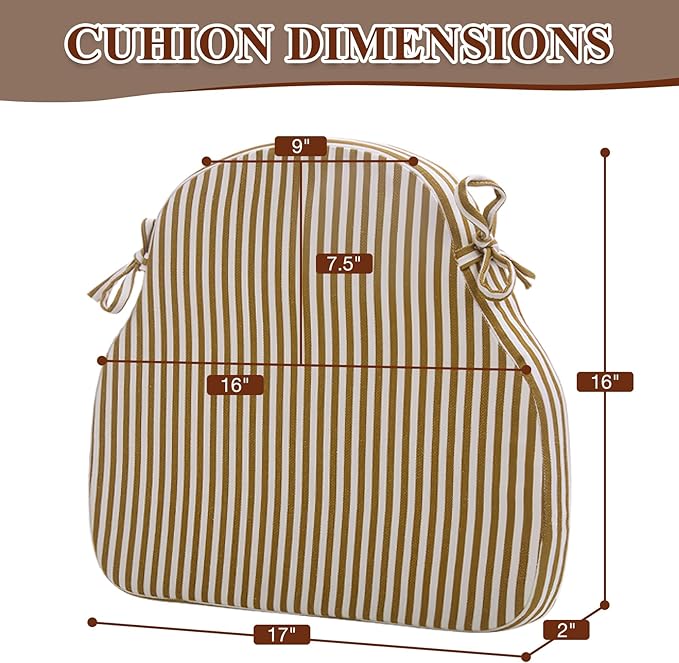 Brown Striped Winsor Chair Cushions with Ties, Dining Kitchen Chair Seat Pads Non Slip Removable Washable Cover 17"x16" Set of 4