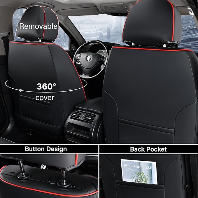 Coverado Car Seat Covers Full Set, 5 Piece Car Seat Protector with Lumbar Support & Removable Headrest, Breathable Leather Front Rear Seat Cushion Universal Fit for Truck Automotive Black & Red