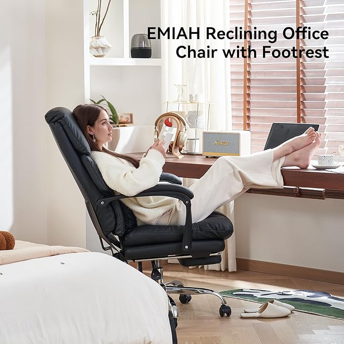 EMIAH Real Leather Office Chair with Foot Rest, Reclining Ergonomic Executive Office Chair with Arms, High Back Comfy Swivel Computer Desk Chairs with Wheels and Lumbar Support for Home Office, Black