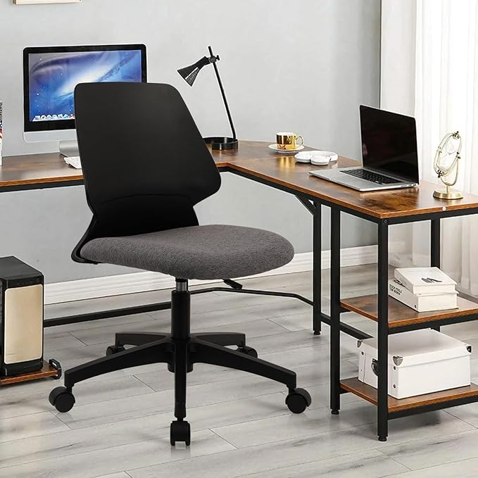 CLATINA Armless Home Office Chair, Ergonomic Small Desk Chair with Wheels and Soft Thick Upholstered Cushion, Comfy Adjustable Height Swivel Computer Task Chair for Conference Waiting, Black, 4Pack