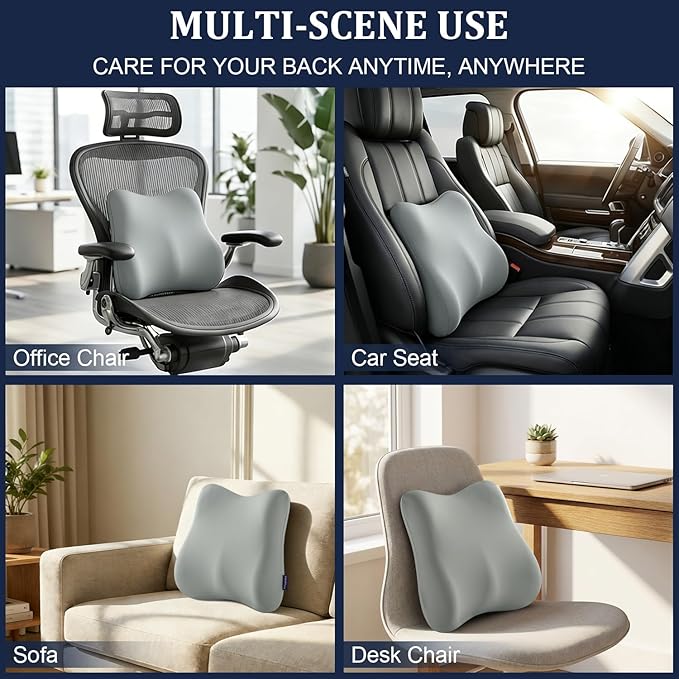 Lumbar Support Pillow for Office Chair Car Lumbar Pillow Lower Back Pain Relief Ergonomic Design Gray Memory Foam Chair Back Cushion Ideal for Home, Office, Gaming