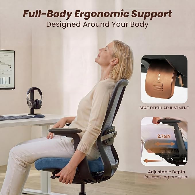 COLAMY Office Chair for Long Hours, Easy Wire-Control Desk Chair with Sliding Seat Depth & Thick Padded Lumbar Support, Heavy Duty 300 LBS High Back Mesh Computer Chair for Home Workstation,Blue
