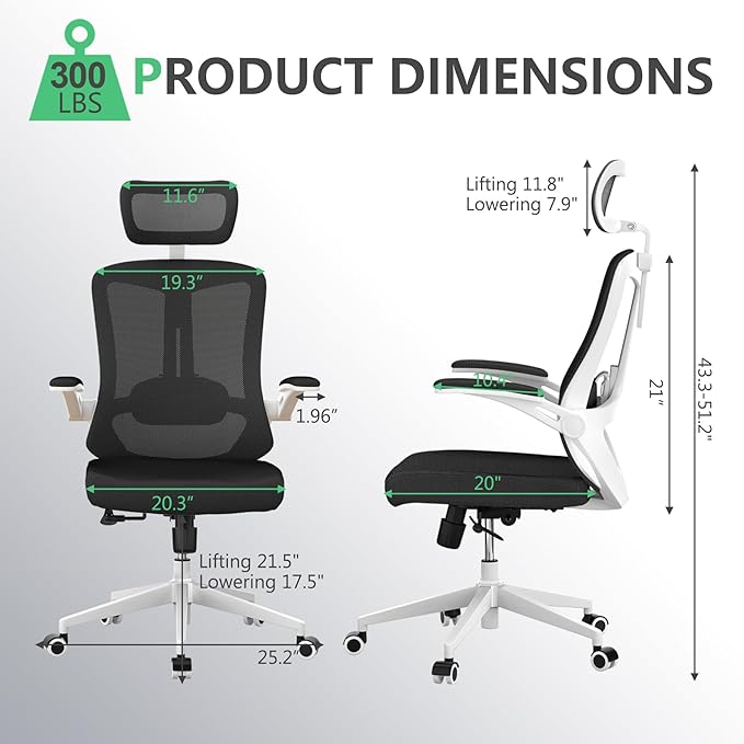 350 LBS Ergonomic Office Computer Mesh Chair - Adjustable Height Rolling Desk Chair with Flip-Up Armrests & High Back Support - Comfortable Swivel Task Chair for Home Office (03WHITE-Black)