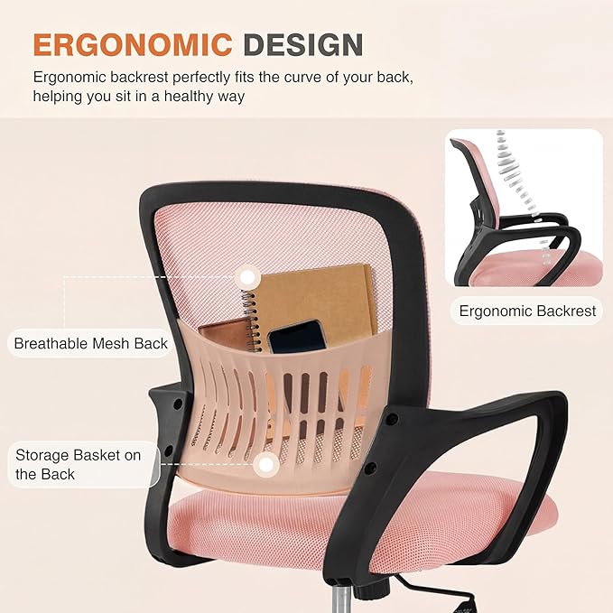 Sweetcrispy Home Office Managerial Executive Chair, Ergonomic Mesh Adjustable Swivel Mid-Back Computer Desk Chair with Comfortable Lumbar Support, Comfy Arms for Bedroom,Study, Blak&Pink