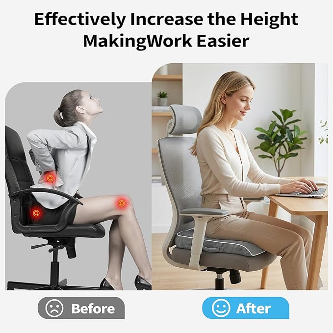 Seat Cushion for Tailbone Pain Relief, Office Chair Cushion, Memory Foam Large Chair Cushion with Non-Slip Cover for Soft Support at Office Chair, Car Seat, Airplane 3.3"-Grey