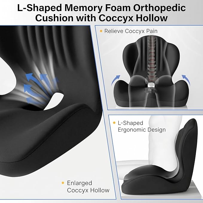 Ergonomic Office Chair Seat Cushion, L-Shaped Memory Foam Coccyx Cushion for Tailbone Pain Relief, Orthopedic Car Seat Cushion with Lumbar Support & Cutout Hollow for Sciatica & Back Pain (Black)