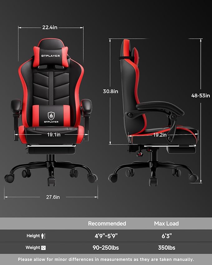 GTPLAYER Gaming Chair for Adults, Ergonomic Computer Gaming Chair with Footrest, Height Adjustable, 90-155° Recline & Removable Headrest Lumbar Support, Black&Red