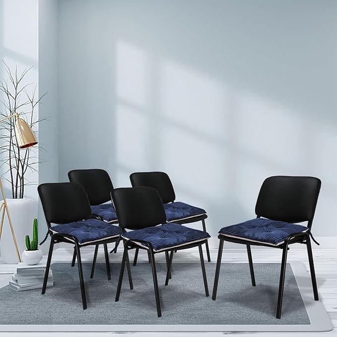 Office Stacking Chair Cushion with Ties, Corduroy High Density Foam Non-Slip Kitchen Seat Cushion, Square 17" x 17" Indoor Dining Chair Pads, Navy Blue, 1 PCS