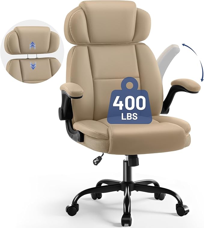 AreShark Ergonomic Office Chair with Lumbar Support, 400lbs Heavy Duty Big and Tall Executive Desk Chair, PU Leather High Back Computer Chair with Flip-Up Arms & Adjustable Headrest, Khaki