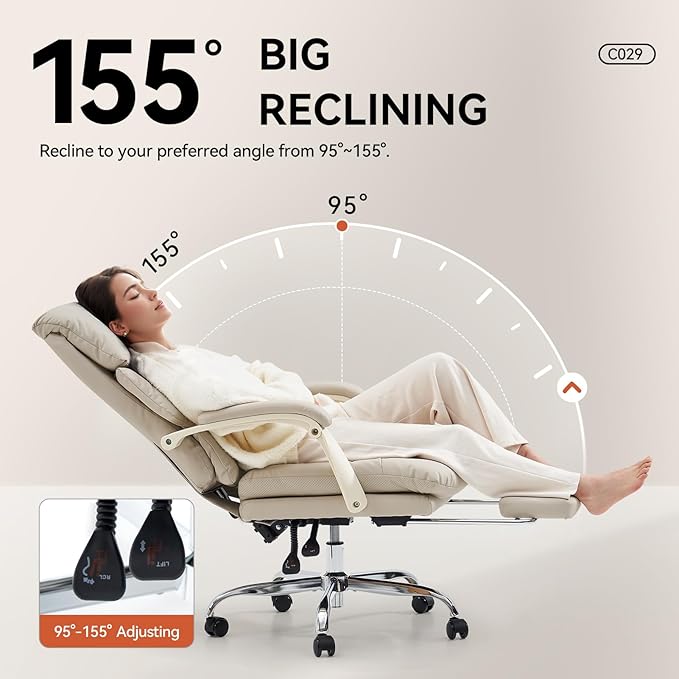 EMIAH Heated and Massage Office Chair with Foot Rest, Executive Office Chair Reclining High Back PU Leather Comfy Swivel Computer Desk Chairs with Wheels and Lumbar Support for Home Office，Beige