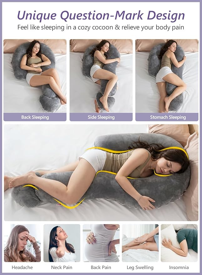 Meiz Question Mark Body Pillow for Adults & Couples, Full Body Support for Side Sleepers, Back & Pregnancy, with Detachable Heart Cushion, Soft Velvet Cover, Classical Grey