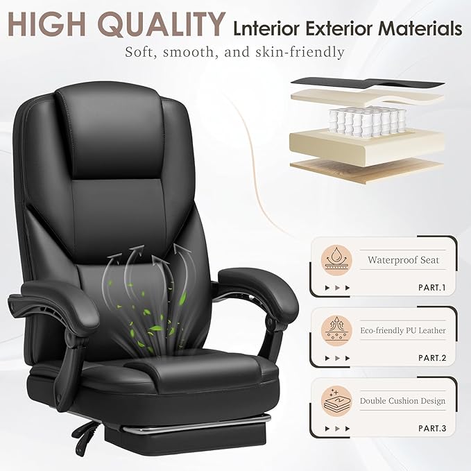 Shahoo Executive Office Chair with Massage, Ergonomic Reclining High Back Leather Seats with Footrest and Lumbar Support, Big and Tall, 400Lbs Heavy Duty, Dark Black