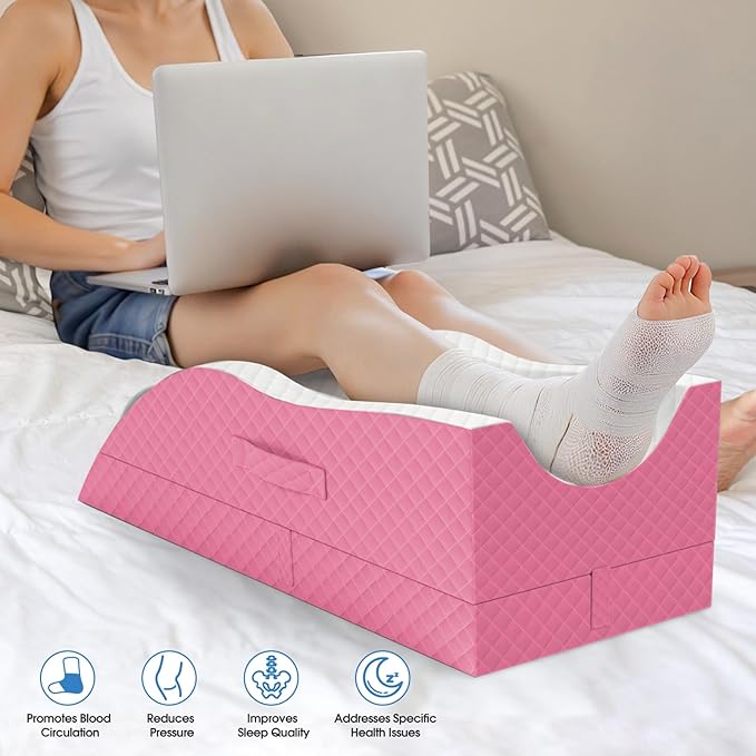 TranquilRelax Elevation Pillows for Leg After Surgery, Memory Foam Adjustable Wedge Pillow for Injury or Rest, Ankle Pillow for Sleeping Blood Circulation Pink/Single Leg