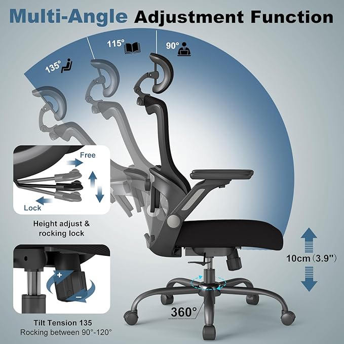 Ergonomic Office Chair, Home Computer Chair with 3D Adjustable Headrest and 4D Flip-Up Armrests, Adjustable Lumbar Support, Suitable for Office and Study, 6PC, Black