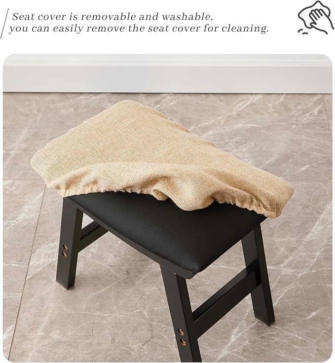 Kitsanery Foot Stool,Ottoman,Bamboo Small Sofa Foot Rest Under Desk,Extra Seating for Living Room, Bedroom and Kitchen (Black Stool Legs - Beige Surface)