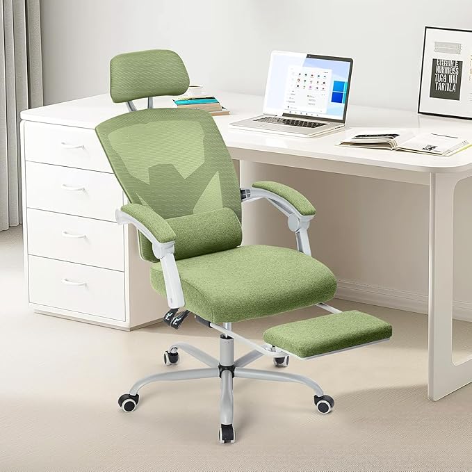 Simple Deluxe Home Office Desk Chair with Footrest, High-Back Mesh Rolling Swivel Reclining Chairs with Wheels, Comfortable Headrest, Lumbar Support, Comfy Arms