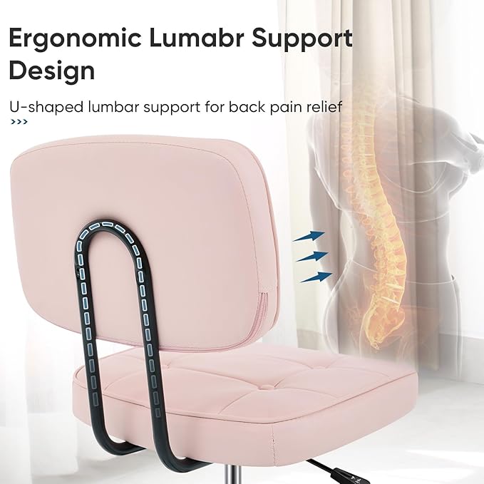 DUMOS Home Office Desk Chair - Ergonomic Armless PU Leather Computer Rolling Task Chair，with Comfy Lumbar Support and Height Adjustable, Vanity, Bedroom, Living Room, Pink