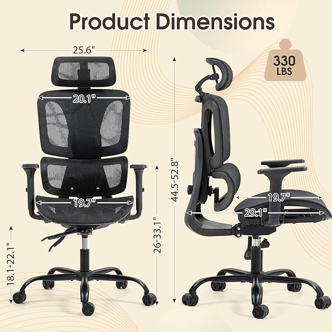 ECOTOUGE Mesh Desk Chair, Ergonomic Office Chair with Lumbar Support, Adjustable Headrest & 3D Armrests, Reclining High Back Chair for Home, Black Gaming Chair for Adults