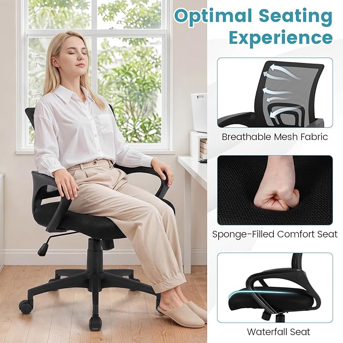 Giantex Ergonomic Mesh Office Chair, Mid-Back Computer Chair with Breathable Backrest, Lumbar Support and Adjustable Height, Gaming Chair, Swivel Rolling Desk Chair for Home Office, Task and Study