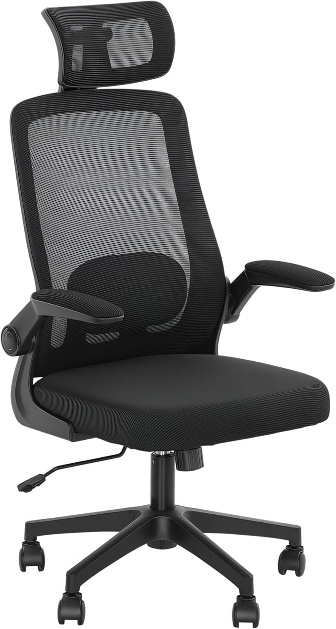 HOMCOM Office Chair, High Back Desk Chair with Flip-up Armrest, Rotatable Headrest, Tilt Function, Adjustable Lumbar Support, Swivel Wheels for Home Study, Black