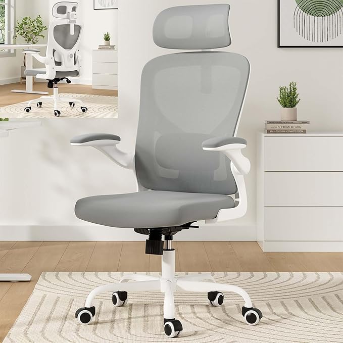 Ergonomic Mesh Office Chairs with Lumbar Support and Adjustable Headrest, High Back Comfortable Computer Desk Chair with Wheels and Armrests, Home Office Rolling Gaming Chair, Max Load 350 lbs (Gray)