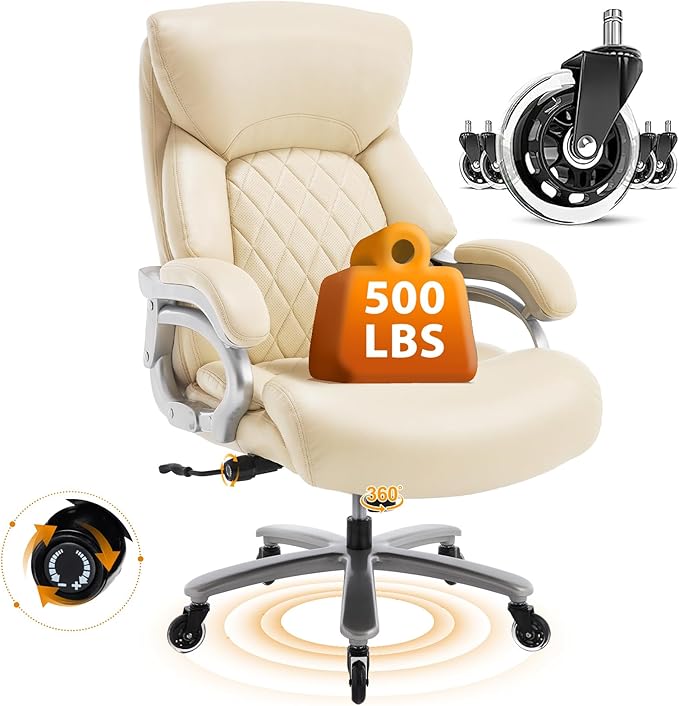ZSQN Big and Tall Office Chair for Heavy People, 500LBS High Back Extra Wide Heavy Duty Executive Office Chair Comfortable for Home, Large Computer Desk Chairs with Adjustable Lumbar Support Beige