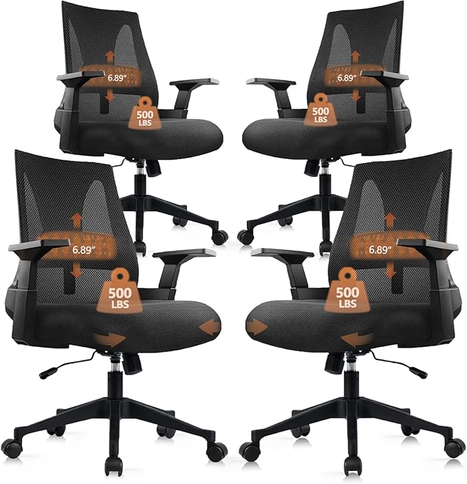 CLATINA 500lbs Big and Tall Office Chair Heavy Duty Mesh Ergonomic Computer Chairs with Adjustable Lumbar Support and Wide Comfy Seat for Home Office Conference Heavy People, Black, 4 Pack