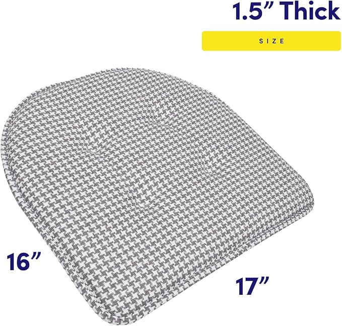 Sweet Home Collection Chair Cushion Memory Foam Pads Tufted Slip Non Skid Rubber Back U-Shaped 17" x 16" Seat Cover, 4 Count (Pack of 1), Houndsooth Gray