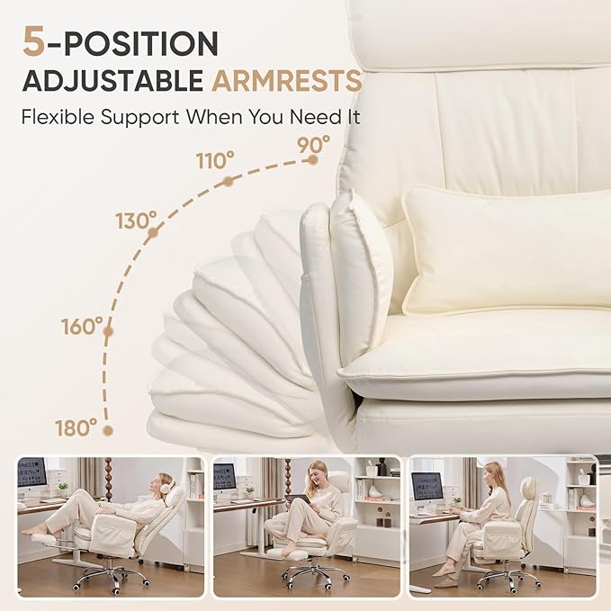 Big and Tall Office Chair with Flip Armrests, Cross Legged Office Chair with Storage Pockets, Comfortable Reclining Computer Chair with Footrest, Wide Home Office Desk Chair, Leather, Beige