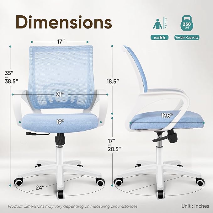 ETONEX Office Chair with Ergonomic Mid Back Cushion Lumbar Support Adjustable Swivel Rolling Computer Gaming Desk Chair Comfy Mesh Seat Wheels Home Executive Use (Sky Blue)