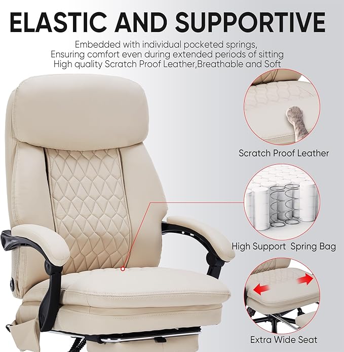 Kneading Massage Office Chair with Foot Rest,16 Nodes Shiatsu Massage Reclining Office Chairs,450lbs Home Office Desk Chair for Heavy People,Ergonomic Desk Chairs with Extra Cushion Pillow(Cream)