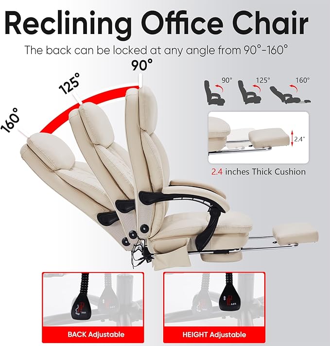 Kneading Massage Office Chair with Foot Rest,16 Nodes Shiatsu Massage Reclining Office Chairs,450lbs Home Office Desk Chair for Heavy People,Ergonomic Desk Chairs with Extra Cushion Pillow(Cream)