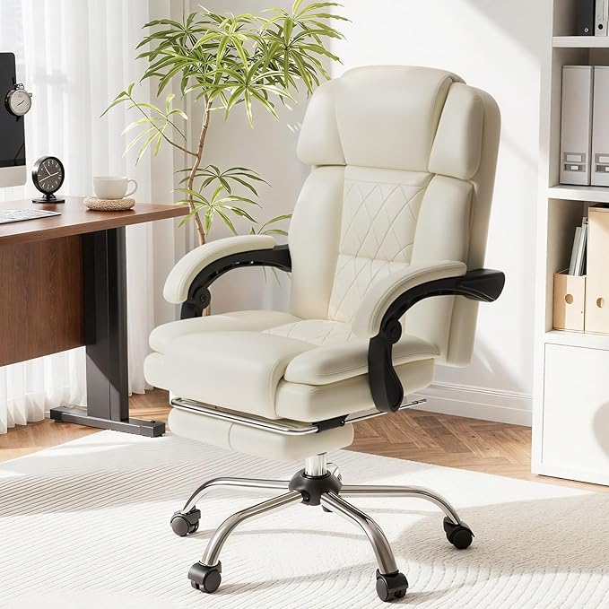 HOMREST 6-Point Massage Office Chair with Heat, Ergonomic Reclining Desk Chair with Footrest, PU Leather Executive Chair for Home Office,Comfortable Computer Chair Gift for Women, Off White