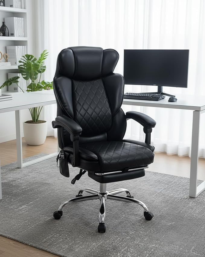 500LBS Massage Office Chair with Foot Rest, 6 Points Vibration and Heat Home Office Desk Chairs, 22.05” Wide Big and Tall Office Chair for Heavy People, Ergonomic Reclining Gaming Chairs, Black
