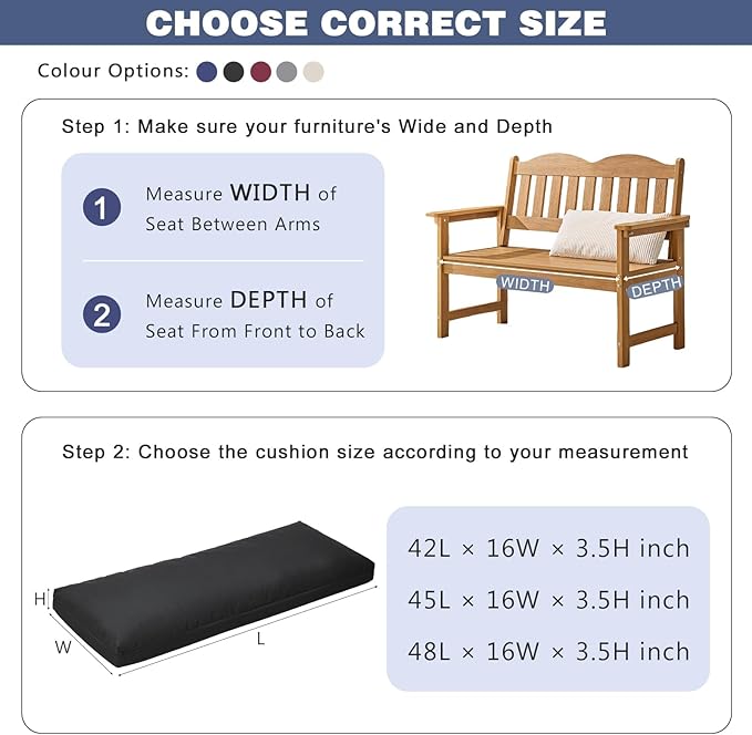 baibu 45Inch Outdoor Bench Cushion Waterproof, Bench Cushions for Outdoor Furniture, Dual-Layer Memory Foam atio Furniture Cushions, Porch Swing Seat Pad with Washable Cover & Ties, 45x16x3.5, Black