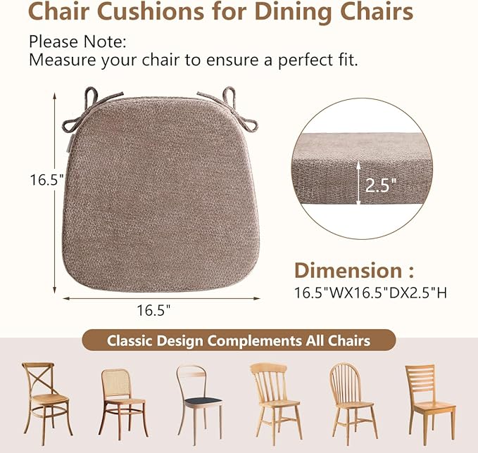 D-Shaped Chair Cushions for Dining Chairs, 2.5” Thick Chair Pads with Washable Comfortable Textured Cover, Non Slip Kitchen Chair Cushions with Ties, 16.5" x 16.5", 6 Pack, Brown