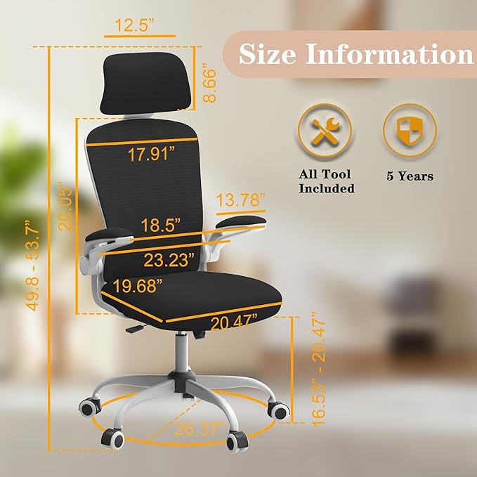 Ergonomic Office Chair for Long Hours Sitting – Back & Neck Pain Relief, Adjustable Lumbar Support & Headrest, High-Density Foam Seat, Ideal for Work & Home Office, Black/White