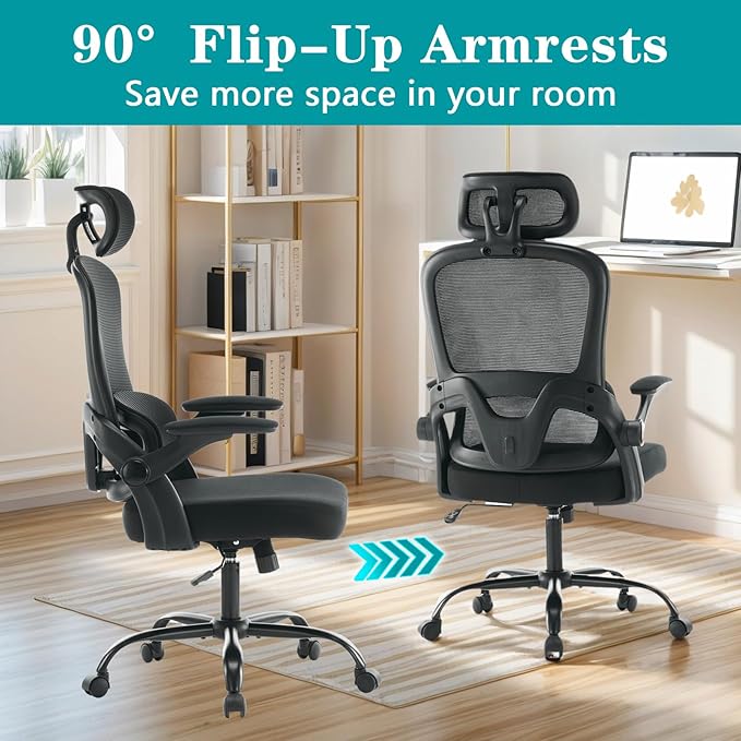 Ergonomic Mesh Office Chair, High Back Desk Chair with 3D Armrests, Up&Down Lumbar Support, Swivel Computer Task Chair with Adjustable 2D Headrest and Tilt Function(Black)