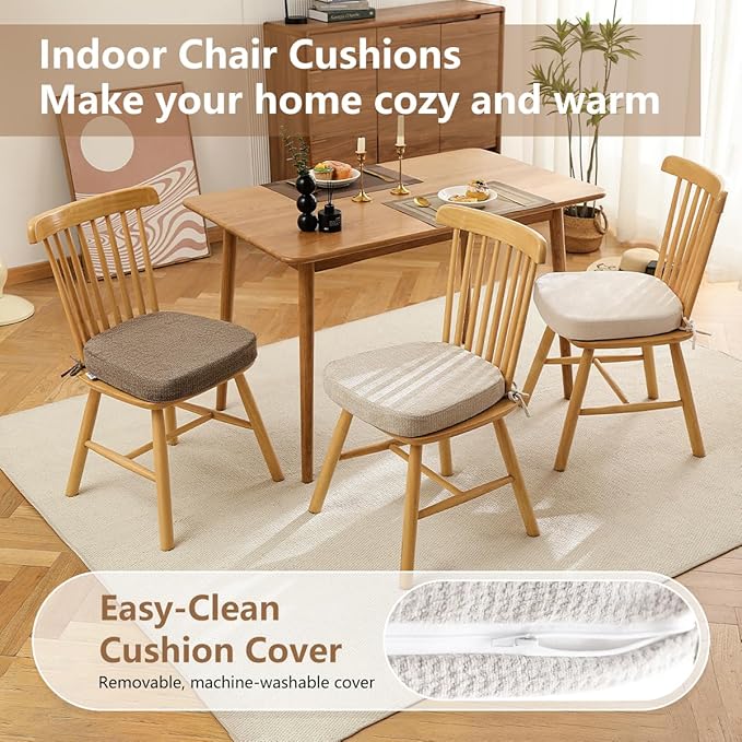 D-Shaped Chair Cushions for Dining Chairs, 2.5” Thick Chair Pads with Washable Comfortable Textured Cover, Non Slip Kitchen Chair Cushions with Ties, 16.5" x 16.5", 6 Pack, Creamy White