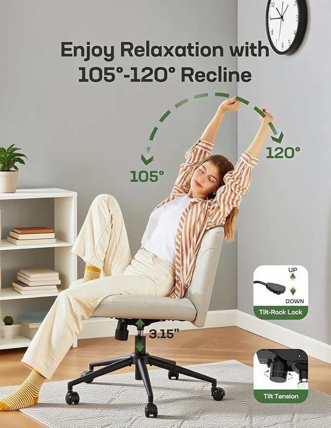 Marsail Criss Cross Chair with Wheels, Wide PU Leather Armless Desk Chair, Swivel & Height Adjustable Cross Legged Office Chair for Makeup, Small Spaces, Bedroom, Vanity
