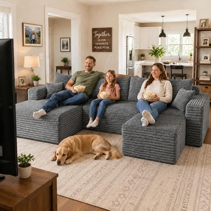 94" Darkgrey Fluffy Couch with Ottoman for Living Room, Corduroy No Bones Sectional Couch,Compressed Memory Foam Cloud Sofa,No Assembly Required,Left Facing Chaise,Darkgrey