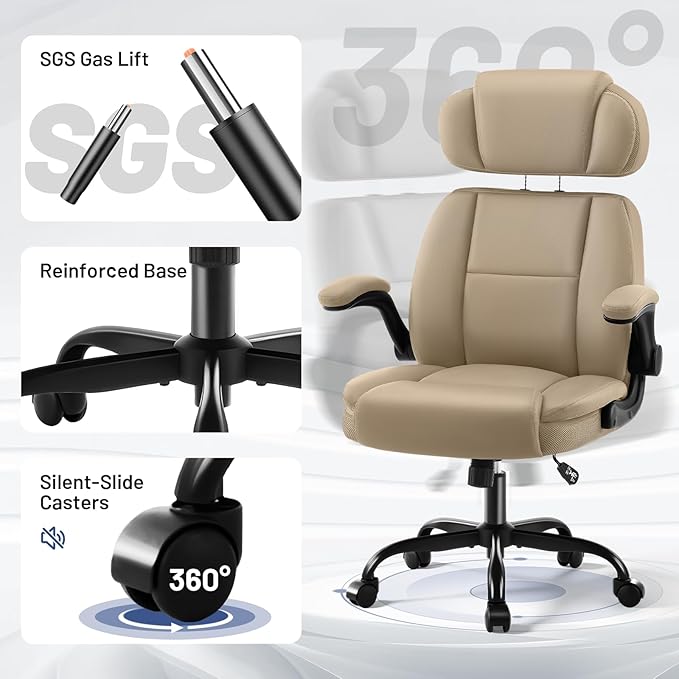 AreShark Ergonomic Office Chair with Lumbar Support, 400lbs Heavy Duty Big and Tall Executive Desk Chair, PU Leather High Back Computer Chair with Flip-Up Arms & Adjustable Headrest, Khaki