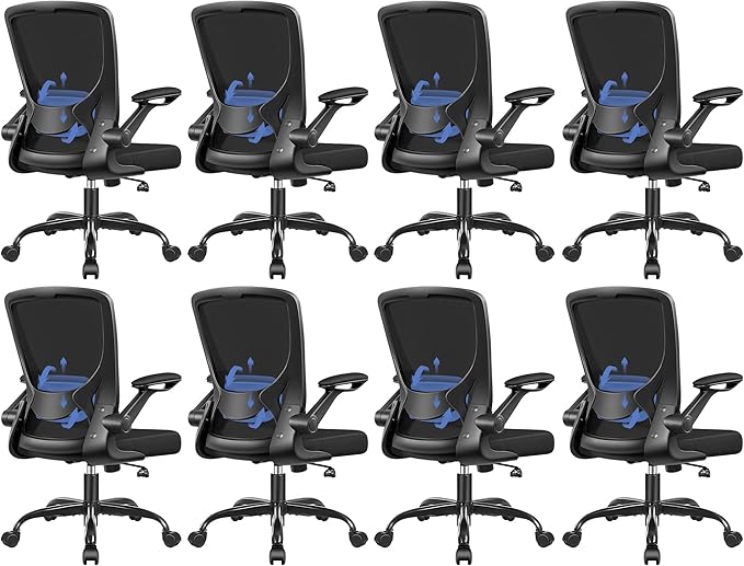 BESTFAIR Ergonomic Office Chair, Mesh Computer Desk Chairs with Lumbar Support, Swivel Desk Chair with Flip-up Arms and Adjustable Height, Black, 8-Pack