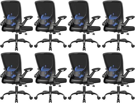 BESTFAIR Ergonomic Office Chair, Mesh Computer Desk Chairs with Lumbar Support, Swivel Desk Chair with Flip-up Arms and Adjustable Height, Black, 8-Pack