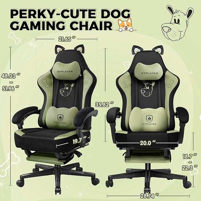 GTPLAYER Gaming Chair Cute with Cat Ears Ergonomic Computer Chair with Dog Embroidery Adjustable Memory Foam Lumbar Support and Headrest Comfortable Reclining Office Chair Soft Velvet Fabric for Women