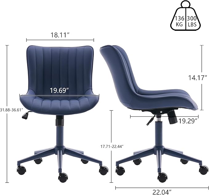 YOUNIKE Office Desk Chair with Wheels Armless Vanity Chair with Back Comfy Leather Upholstered Rolling Task Chair Swivel Small Cute Sewing Chair No Arms Wide Ergonomic Mid-Century Modern Navy Blue