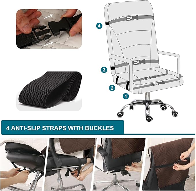 Turquoize Waterproof Office Chair Cover with Armrest Covers Computer Desk Chair Cover Office Chair Protector with Arms Office Chair Seat Cover Slipcover with Anti-Slip Buckle for Home Office, Brown