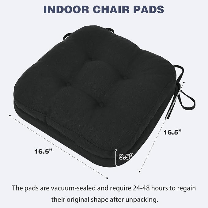 baibu Set of 2 Dining Chair Cushions, Dual-Layer Patent Design Memory Foam Kitchen Chair Cushions, Non-Slip Seat Pads with Ties, 16.5 x 16.5 x 3.5in, 2 Pack, Pure Black