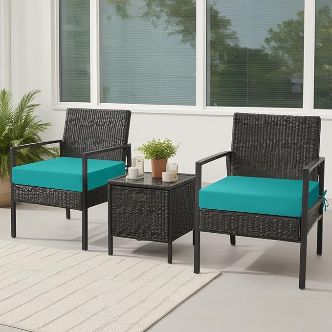 idee-home Outdoor Chair Cushions Set of 2, Waterproof Outdoor Seat Cushions for Patio Furniture, Outside Replacement Chair Pad with Ties for Lawn Deck Porch, 26.5 x 26.5 Peacock Blue