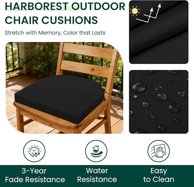 HARBOREST Outdoor Chair Cushions Set of 6, Water Resistant Patio Chair Cushions with Ties, Outdoor Seat Cushions for Patio Furniture, 17"x16"x2", Black